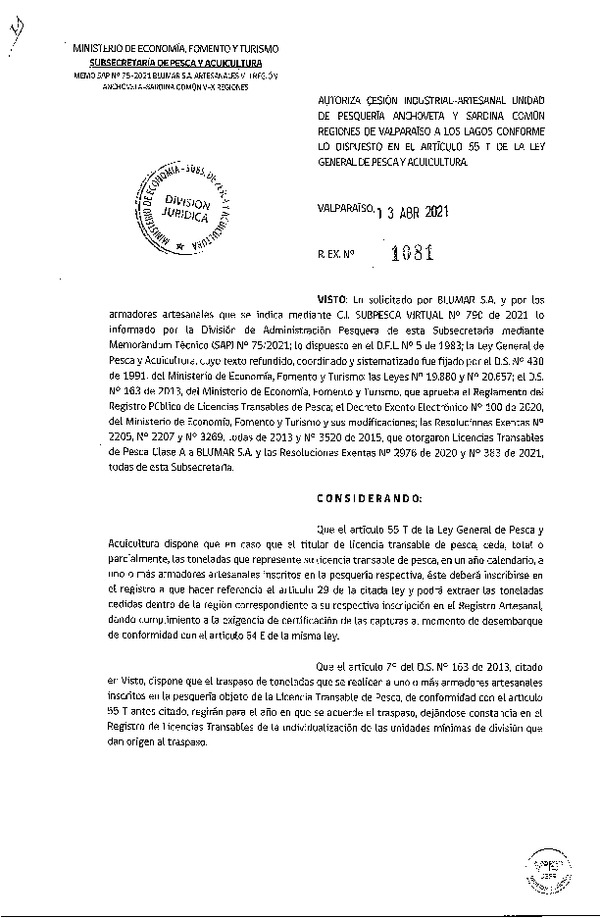 Res. Ex. N° 1081-2021 Autoriza Cesión Anchoveta y Sardina común, Regiones de Valparaíso a Los Lagos. (Publicado en Página Web 13-04-2021)