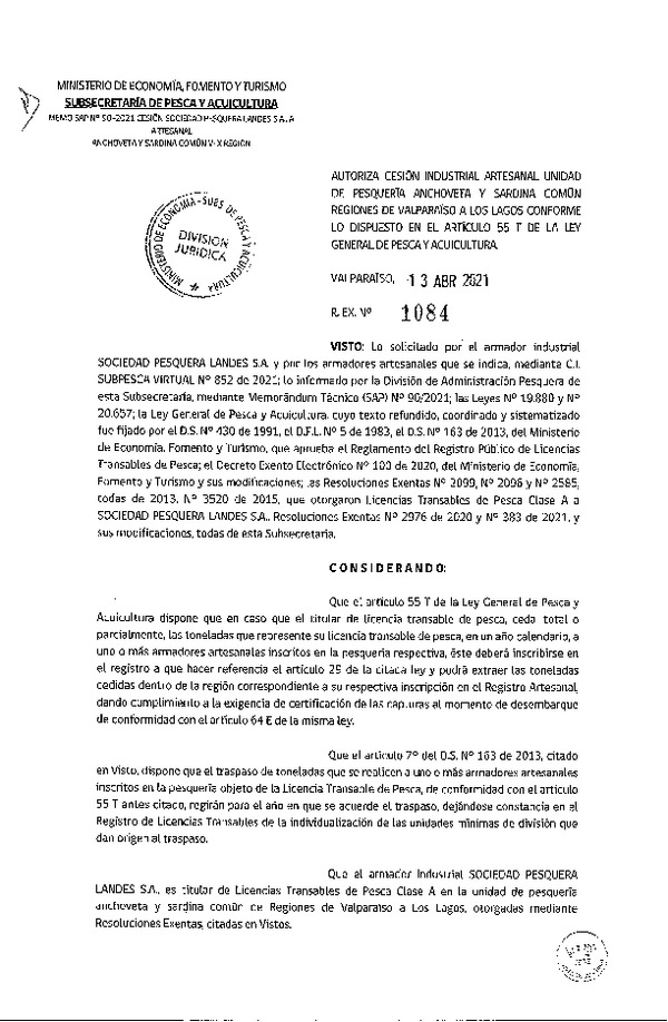 Res. Ex. N° 1084-2021 Autoriza Cesión Anchoveta y Sardina común, Regiones de Valparaíso a Los Lagos. (Publicado en Página Web 13-04-2021)