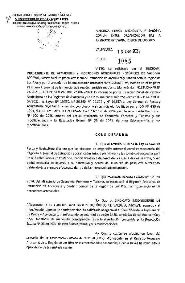 Res. Ex. N° 1085-2021 Autoriza Cesión Anchoveta y Sardina común, Región de Los Ríos. (Publicado en Página Web 13-04-2021)