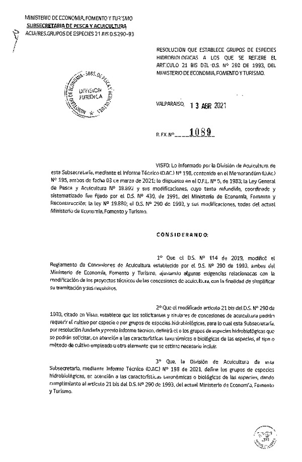 Res. Ex. N° 1089-2021 Establece Grupos de Especies Hidrobiológicas a los que se Refiere el Artículo 21 Bis del D.S. N° 290 de 1993, del Ministerio de Economía, Fomento y Turismo. (Publicado en Página Web 13-04-2021)