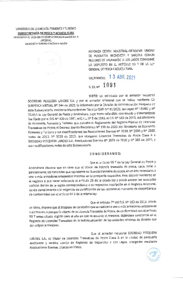 es. Ex. N° 1091-2021 Autoriza Cesión Anchoveta y Sardina común, Regiones de Valparaíso a Los Lagos. (Publicado en Página Web 13-04-2021)