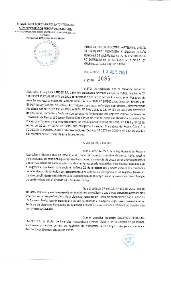 Res. Ex. N° 1095-2021 Autoriza Cesión Anchoveta y Sardina común, Regiones de Valparaíso a Los Lagos. (Publicado en Página Web 13-04-2021)