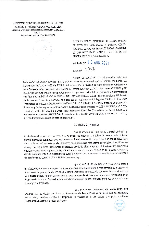 Res. Ex. N° 1098-2021 Autoriza Cesión Anchoveta y Sardina común, Regiones de Valparaíso a Los Lagos. (Publicado en Página Web 13-04-2021)
