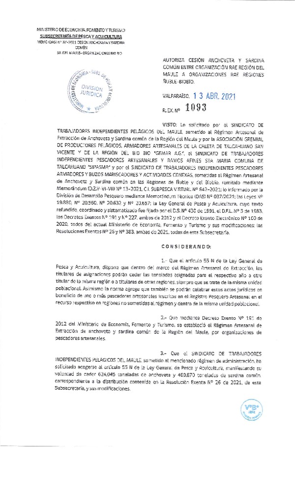 Res. Ex. N° 1093-2021 Autoriza Cesión anchoveta y sardina común Región del Maule a Región Ñuble-Biobío. (Publicado en Página Web 13-04-2021).