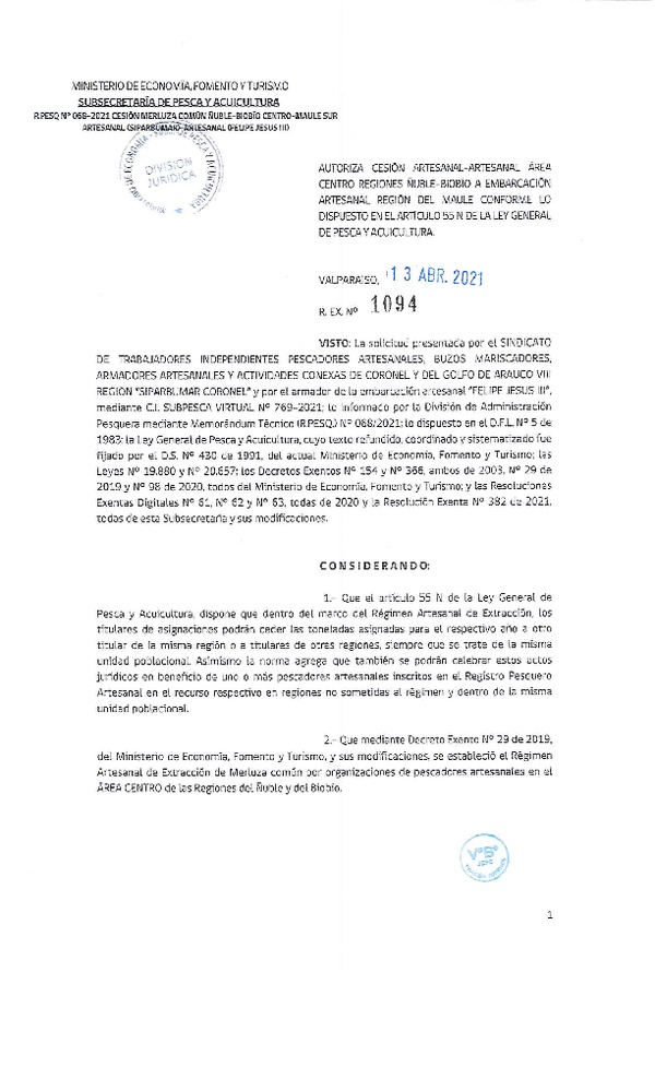 Res. Ex. N° 1094-2021 Autoriza Cesión Merluza común, Región Ñuble-Biobío a Región del Maule. (Publicado en Página Web 13-04-2021).