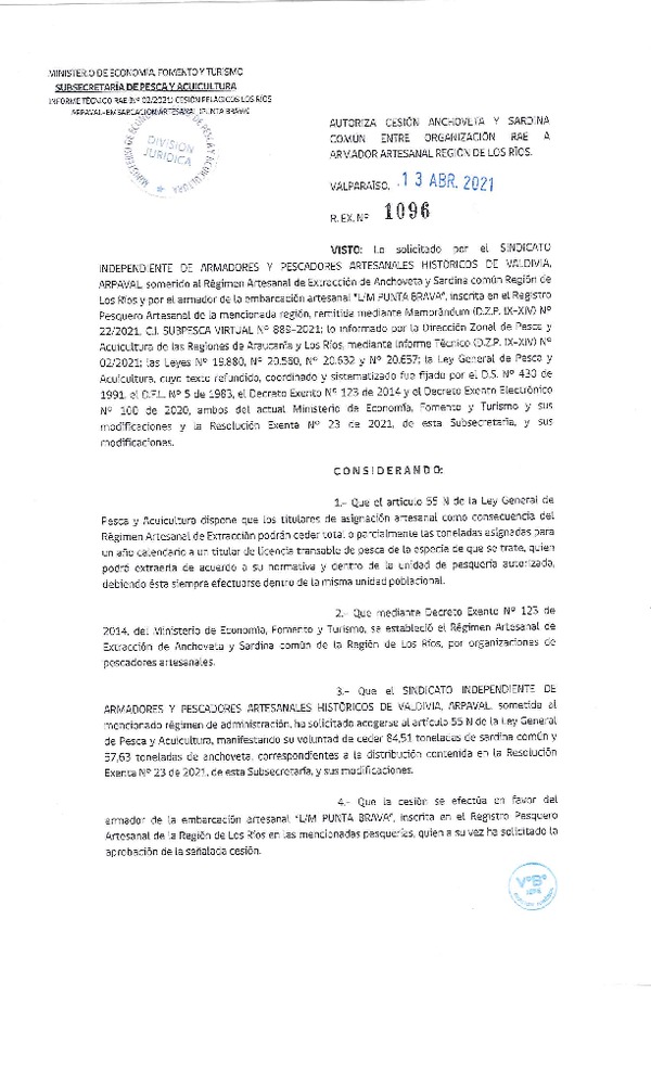 Res. Ex. N° 1096-2021 Autoriza Cesión Anchoveta y Sardina común, Región de Los Ríos. (Publicado en Página Web 13-04-2021)