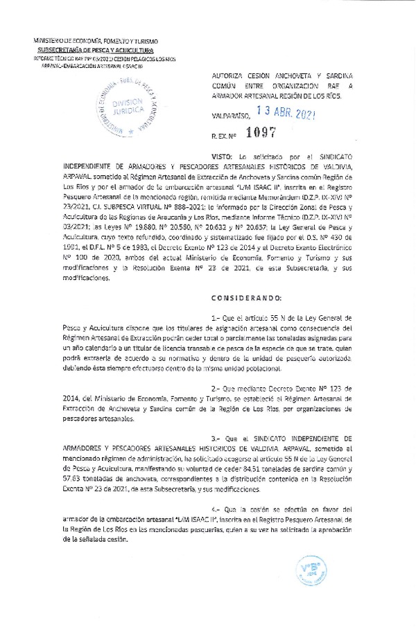 Res. Ex. N° 1097-2021 Autoriza Cesión Anchoveta y Sardina común, Región de Los Ríos. (Publicado en Página Web 13-04-2021)
