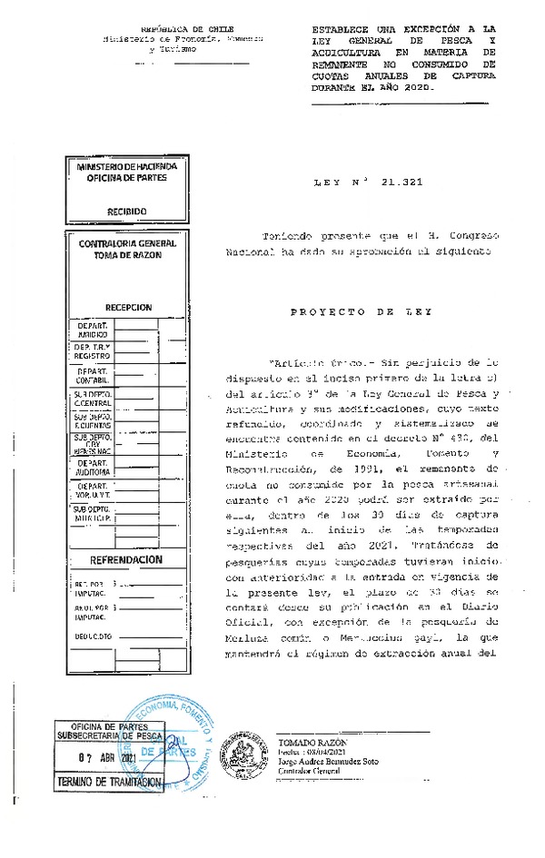 Ley Núm. 21.321 Establece una Excepción a la Ley General de Pesca y Acuicultura en Materia de Remanente no Consumido de Cuotas Anuales de Captura Durante el Año 2020. (F.D.O. 13-04-2021)