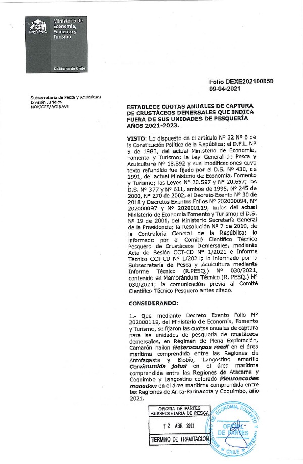 Dec. Ex. Folio 202100050 Establece Cuotas Anuales de Captura de Crustáceos Demersales que Indica Fuera de sus Unidades de Pesquería, Años 2021-2023. (Publicado en Página Web 14-04-2021)