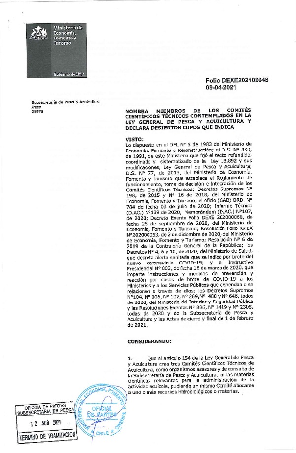 Dec. Ex. Folio 202100048 Nombra Miembros de los Comités Científicos Técnicos Contemplados en la Ley General de Pesca y Acuicultura y Declara Desiertos Cupos que Indica. (Publicado en Página Web 14-04-2021)