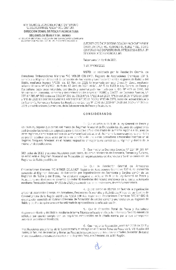 Res. Ex. N° 043-2021 (DZP Ñuble y del Biobío) Autoriza cesión Sardina Común y Anchoveta Región de Ñuble-Biobío (Publicado en Página Web 15-04-2021)
