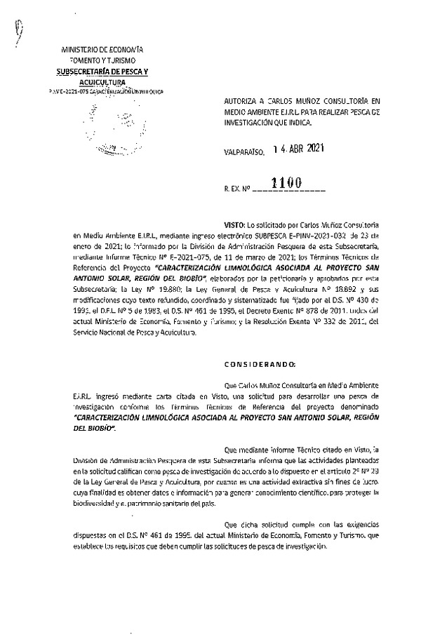 Res. Ex. N° 1100-2021 Caracterización limnológica proyecto San Antonio Solar, Región del Biobío. (Publicado en Página Web 15-04-2021)