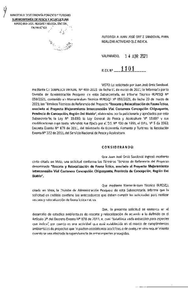 Res. Ex. N° 1101-2021 Rescate y Relocalización de Fauna Íctitca, Región del Biobío. (Publicado en Página Web 15-04-2021).