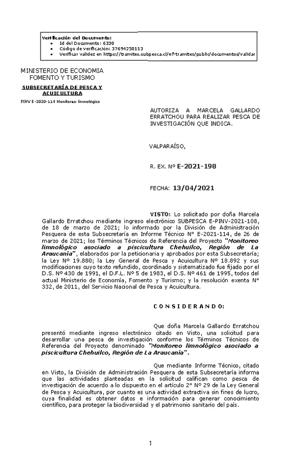 R. EX. Nº E-2021-198 Monitoreo limnológico asociado a piscicultura Chehuilco, Región de La Araucanía. (Publicado en Página Web 15-04-2021)