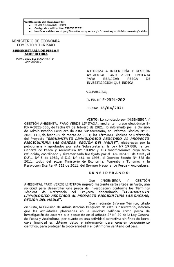 R. EX. Nº E-2021-202 SEGUIMIENTO LIMNOLÓGICO ASOCIADO AL PROYECTO PISCICULTURA LAS GARZAS, REGIÓN DEL MAULE. (Publicado en Página Web 15-04-2021)