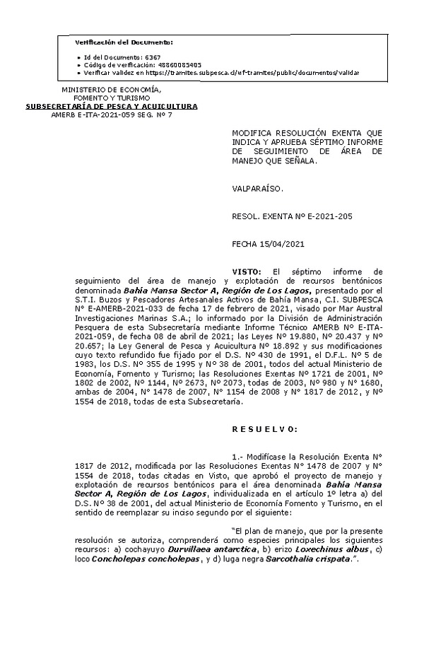 RESOL. EXENTA Nº E-2021-205 Modifica resolución que indica y aprueba 7° Seguimiento. (Publicado en Página Web 15-04-2015)