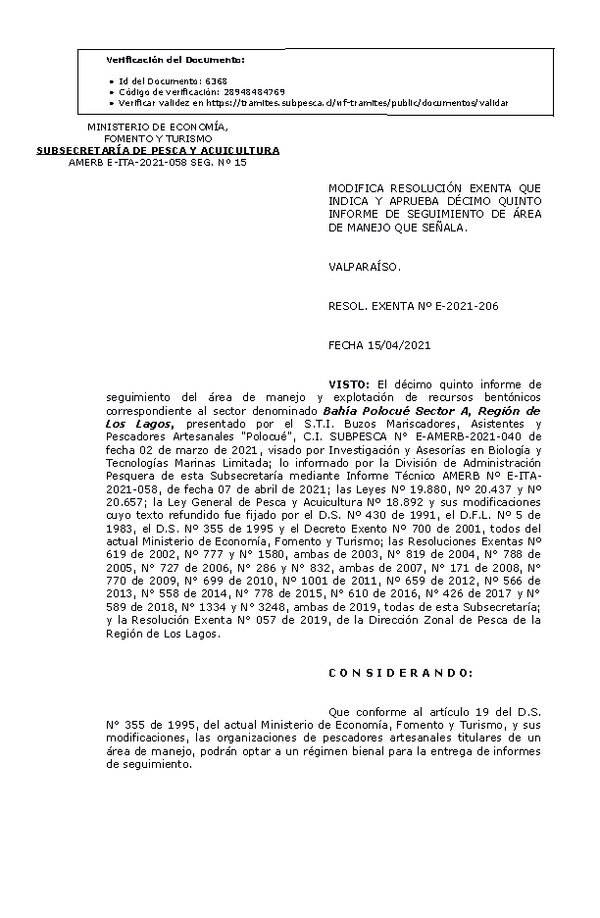 RESOL. EXENTA Nº E-2021-206 Modifica resolución que indica y aprueba 15° Seguimiento. (Publicado en Página Web 15-04-2015)