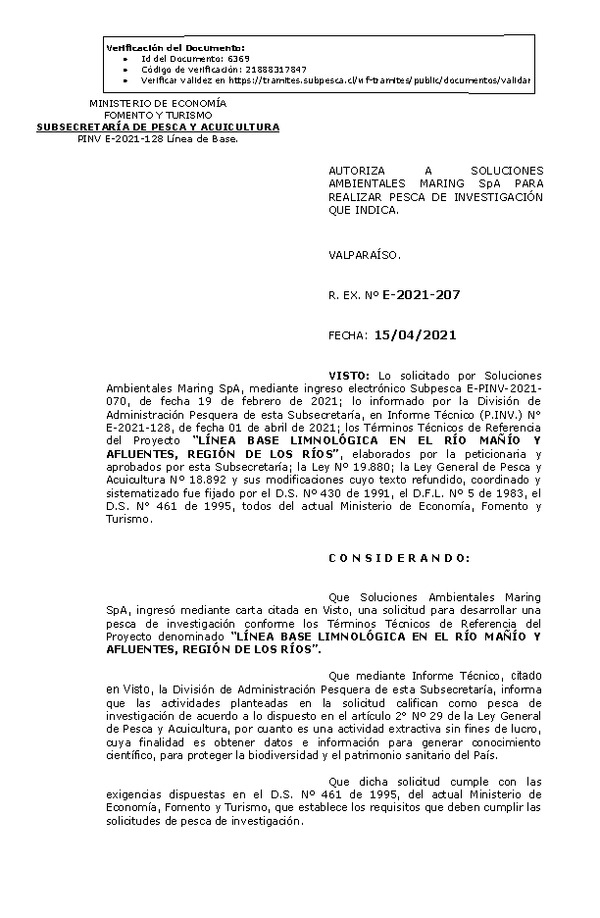 R. EX. Nº E-2021-207 LÍNEA BASE LIMNOLÓGICA EN EL RÍO MAÑÍO Y AFLUENTES, REGIÓN DE LOS RÍOS. (Publicado en Página Web 15-04-2021)