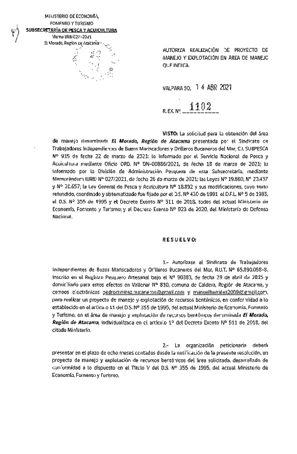 Res. Ex. N° 1102-2021 Autoriza Proyecto de Manejo. (Publicado en Página Web 15-04-2021)