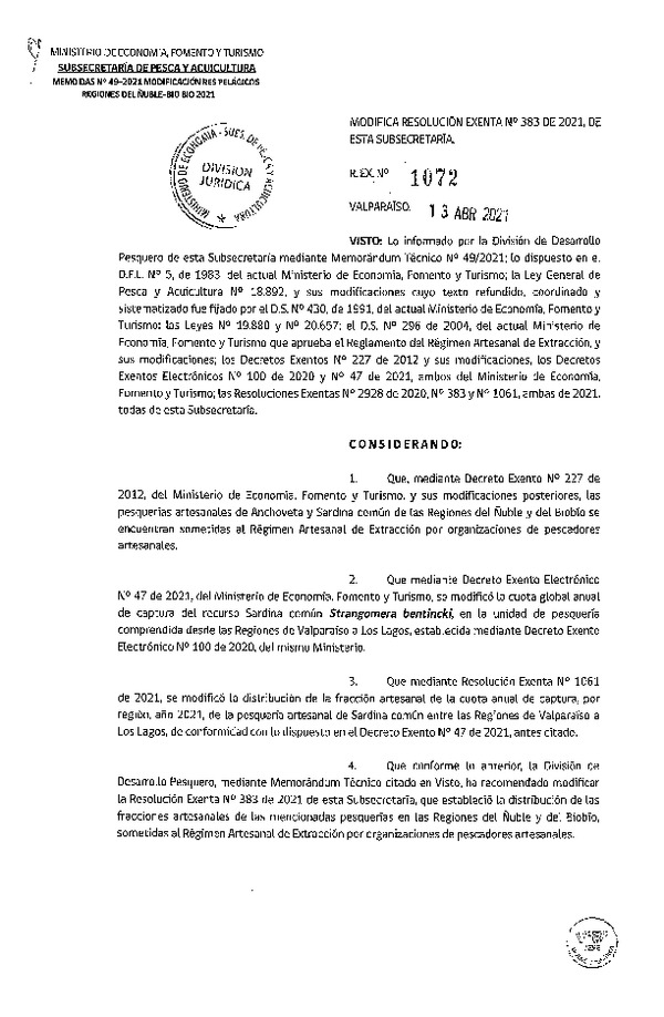Res. Ex. N° 1072 Modifica Res. Ex. N° 383-2021 Distribución de la fracción artesanal de Pesquería de Anchoveta y Sardina Común en las regiones del Ñuble y del Biobío, Año 2021. (Publicado en Página Web 16-04-2021) (F.D.O. 16-04-2021)