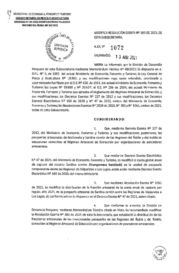 Res. Ex. N° 1072 Modifica Res. Ex. N° 383-2021 Distribución de la fracción artesanal de Pesquería de Anchoveta y Sardina Común en las regiones del Ñuble y del Biobío, Año 2021. (Publicado en Página Web 16-04-2021) (F.D.O. 16-04-2021)