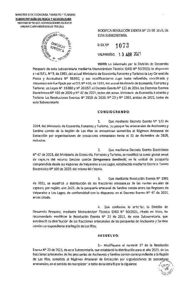 Res. Ex. N° 1073-2021 Modifica Res. Ex. N° 23-2021 Distribución de la Fracción Artesanal de Pesquería de Anchoveta y Sardina Común, Región de Los Ríos, Año 2021. (Publicado en Página Web 16-04-2021) (F.D.O. 16-04-2021)