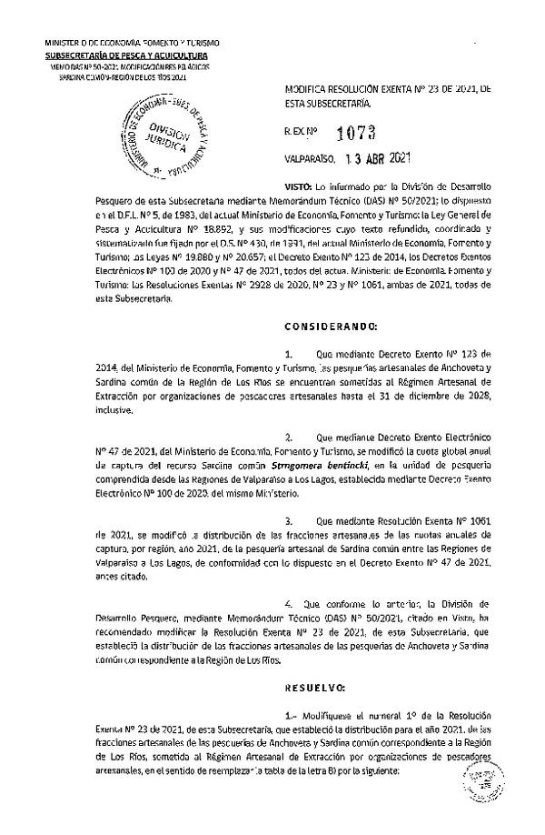 Res. Ex. N° 1073-2021 Modifica Res. Ex. N° 23-2021 Distribución de la Fracción Artesanal de Pesquería de Anchoveta y Sardina Común, Región de Los Ríos, Año 2021. (Publicado en Página Web 16-04-2021) (F.D.O. 16-04-2021)