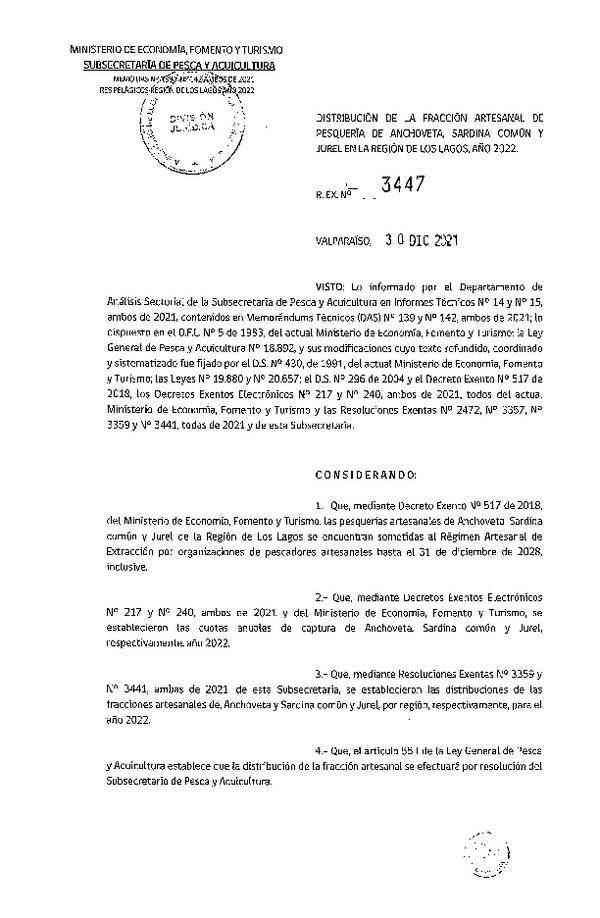 Res. Ex. N° 3447-2021 Distribución de la Fracción Artesanal de Pesquería de Anchoveta, Sardina común y Jurel, Región de Los Lagos, año 2022. (Publicado en Página Web 31-12-2021)
