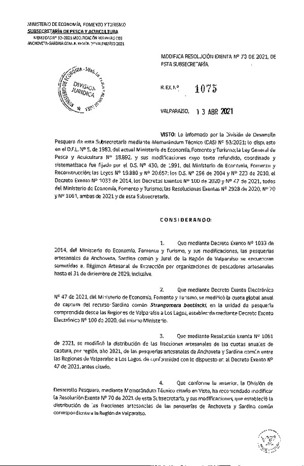 Res. Ex. N° 1075-2021 Modifica Res Ex. N° 70-2021 Distribución de la fracción artesanal de pesquerías de Anchoveta, Sardina Común y Jurel en la Región de Valparaíso, año 2021. (Publicado en Página Web 16-04-2021) (F.D.O. 16-04-2021)