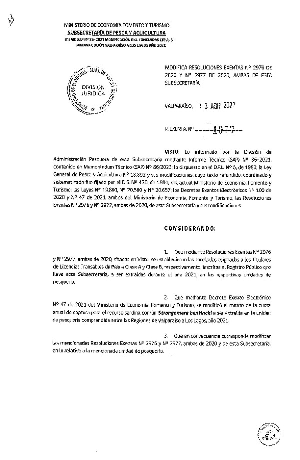 REs. Ex. N° 1077-2021 Modifica Res. Ex. N° 2976 y 2977, ambas de 2020 Establece Toneladas para Titulares de LTP clase A Año 2021. (Publicado en Página Web 16-04-2021) (F.D.O. 16-04-2021)