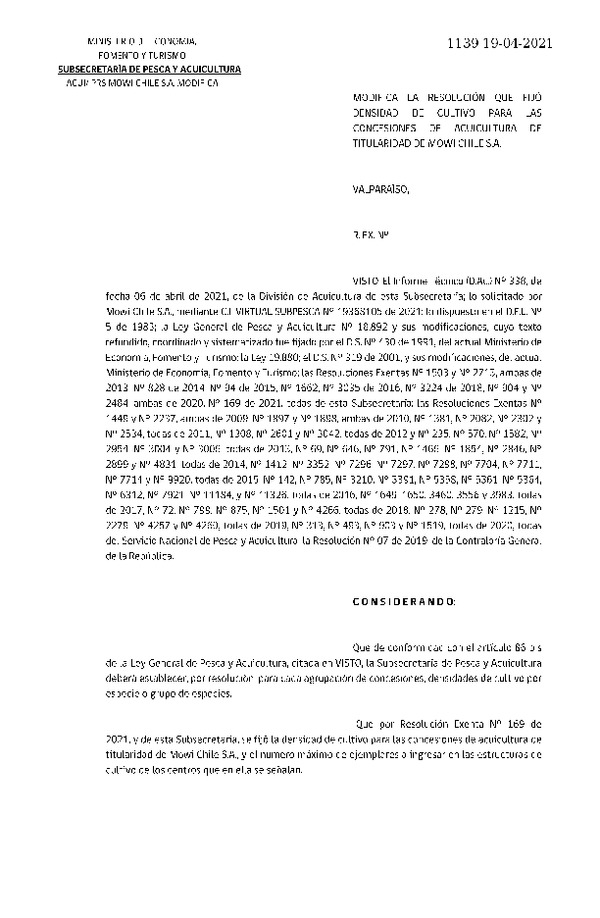 Res. Ex. N° 1139-2021 Modifica Res. Ex. 169-2021 Fija densidad de cultivo para concesiones de acuicultura de Mowi Chile S.A. (Publicado en Página Web 20-04-2021)