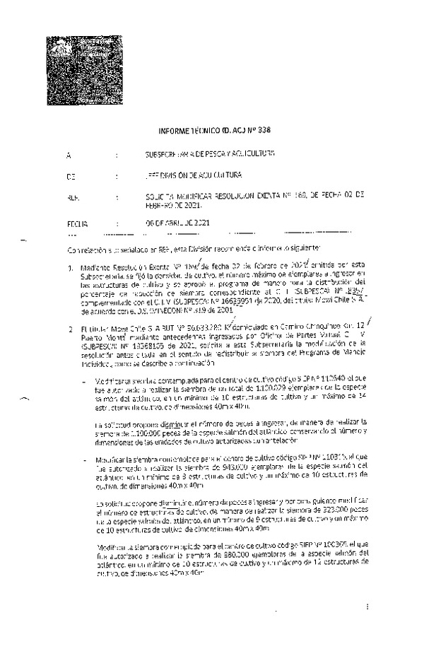 INFORME TÉCNICO (D. AC.) N° 338-2021 SOLICITA MODIFICAR RESOLUCIÓN EXENTA N° 169, DE FECHA 02 DE FEBRERO DE 2021.