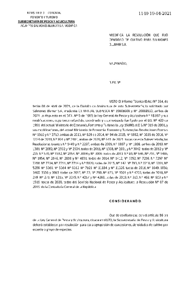 Res. Ex. N° 1140-2021 Modifica Res. Ex N° 641-2021 Fija densidad de cultivo para Salmones Blumar S.A. (Publicado en Página Web 20-04-2021)