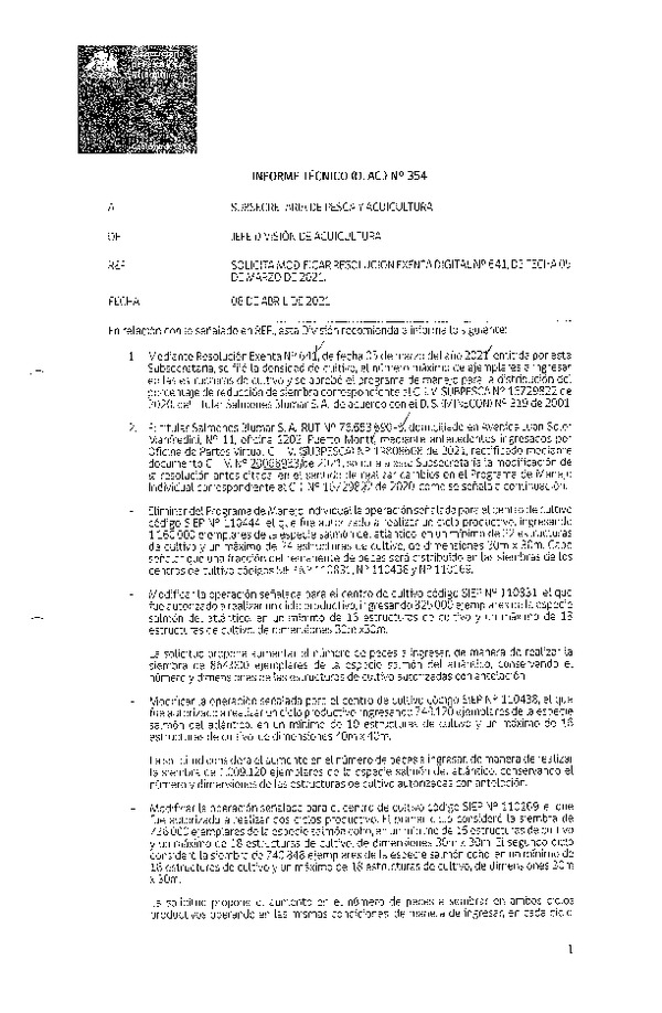 INFORME TÉCNICO (D. AC.) N° 354-2021 SOLICITA MODIFICAR RESOLUCIÓN EXENTA DIGITAL N° 641, DE FECHA 05 DE MARZO DE 2021.