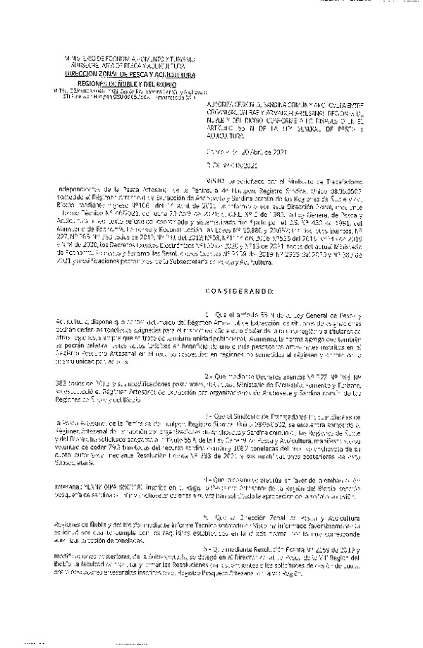 Res. Ex. N° 046-2021 (DZP Ñuble y del Biobío) Autoriza cesión Sardina Común y Anchoveta Región de Ñuble-Biobío (Publicado en Página Web 20-04-2021)