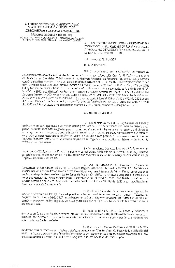 Res. Ex. N° 047-2021 (DZP Ñuble y del Biobío) Autoriza cesión Sardina Común y Anchoveta Región de Ñuble-Biobío (Publicado en Página Web 20-04-2021)