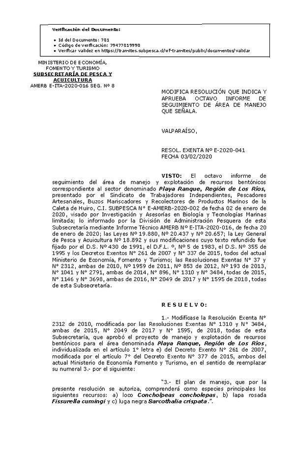 RESOL. EXENTA Nº E-2020-041 Modifica Resolución que Indica. Aprueba 8° Seguimiento.