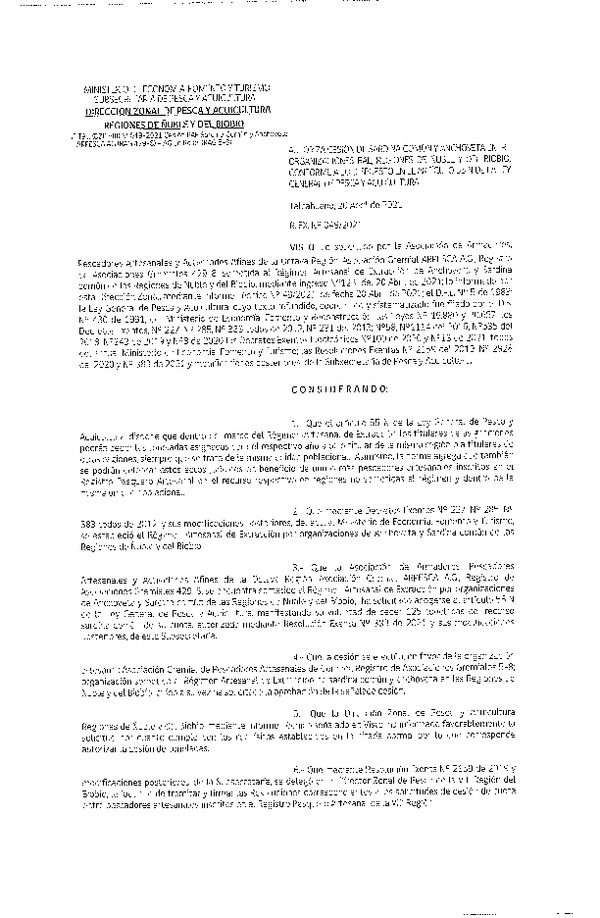 Res. Ex. N° 049-2021 (DZP Ñuble y del Biobío) Autoriza cesión Sardina Común y Anchoveta Región de Ñuble-Biobío (Publicado en Página Web 20-04-2021)