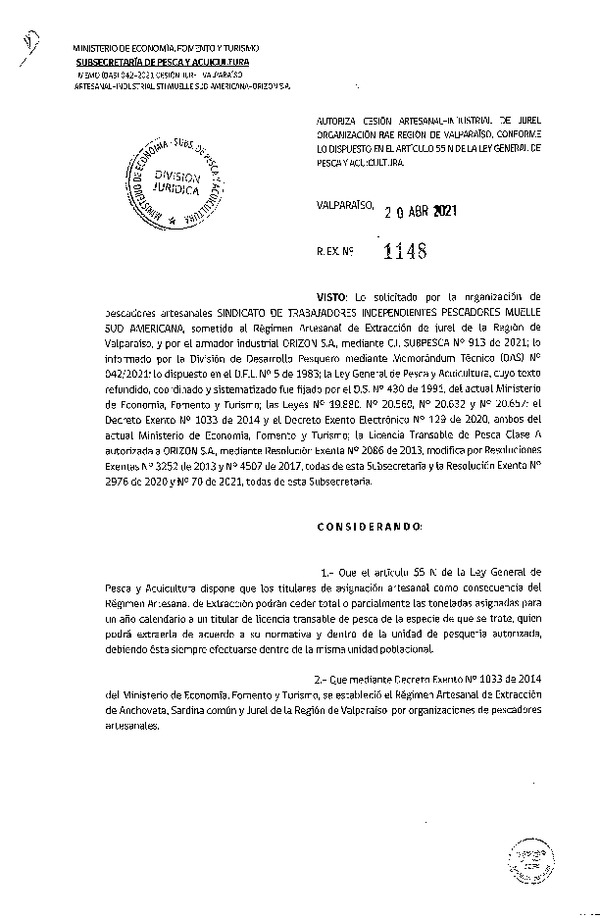 Res Ex N° 1148-2021, Autoriza Cesión de Jurel Región de Valparaíso. (Publicado en Página Web 21-04-2021).