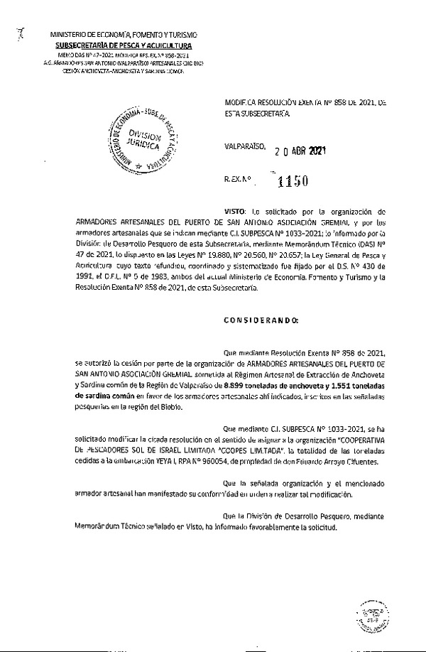 Res. Ex. N° 1150-2021 Modifica Res. Ex. N° 858-2021 Autoriza Cesión anchoveta y sardina común Región de Valparaíso a Región de Ñuble- Biobío. (Publicado en Página Web 21-04-2021).