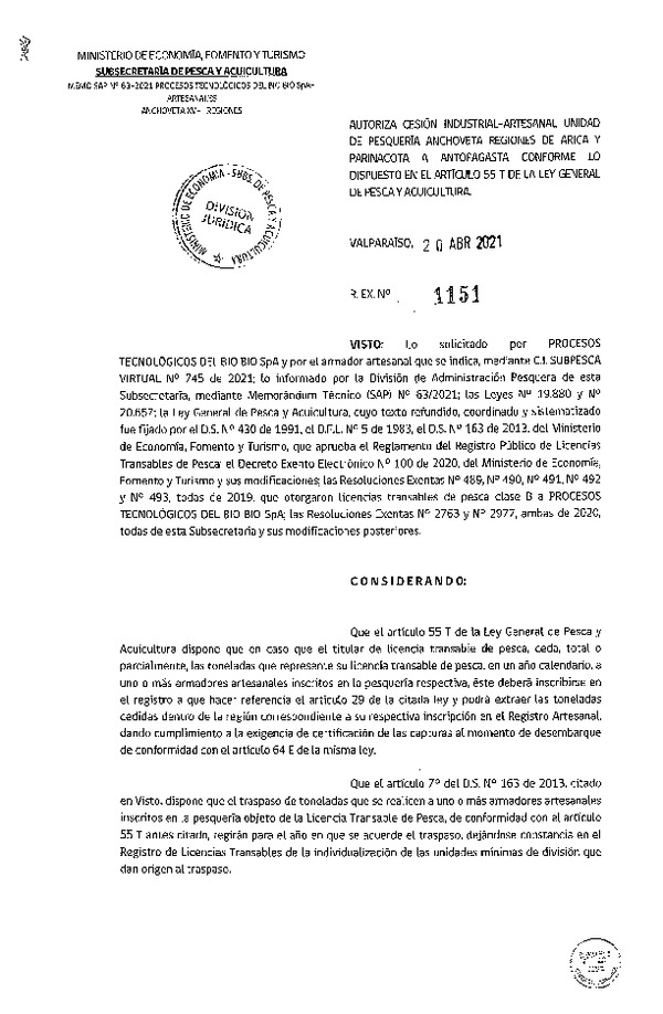 Res. Ex. N° 1151-2021 Autoriza Cesión Anchoveta, Regiones Arica y Parinacota a Antofagasta. (Publicado en Página Web 21-04-2021)