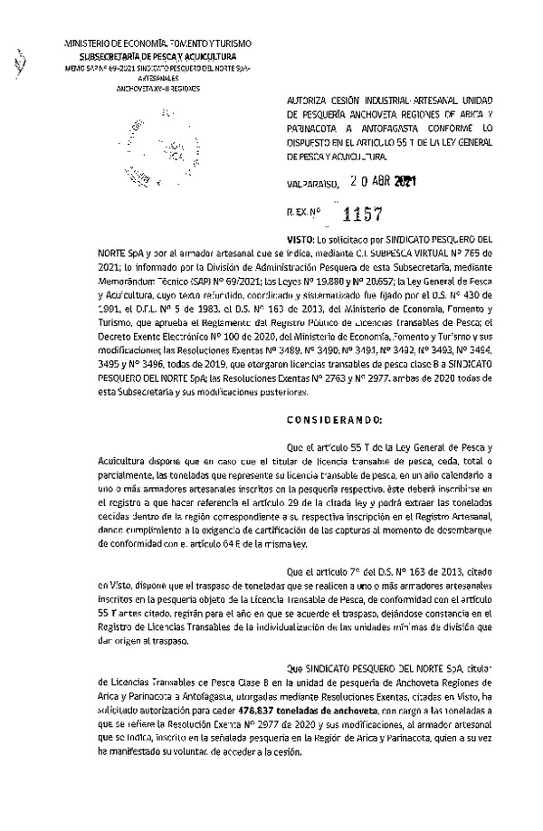 Res. Ex. N° 1157-2021 Autoriza Cesión Anchoveta, Regiones Arica y Parinacota a Antofagasta. (Publicado en Página Web 21-04-2021)