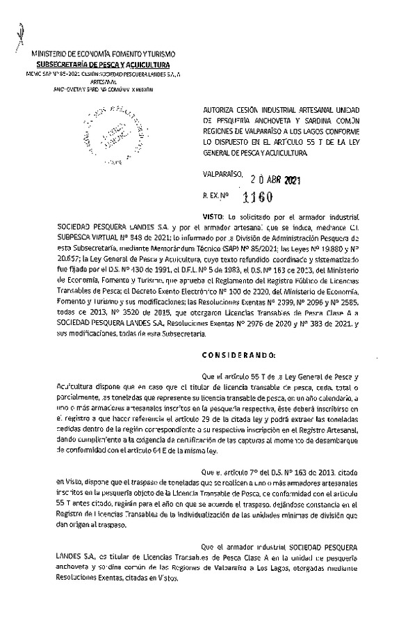 Res. Ex. N° 1160-2021 Autoriza Cesión Anchoveta y Sardina común, Regiones de Valparaíso a Los Lagos. (Publicado en Página Web 21-04-2021)