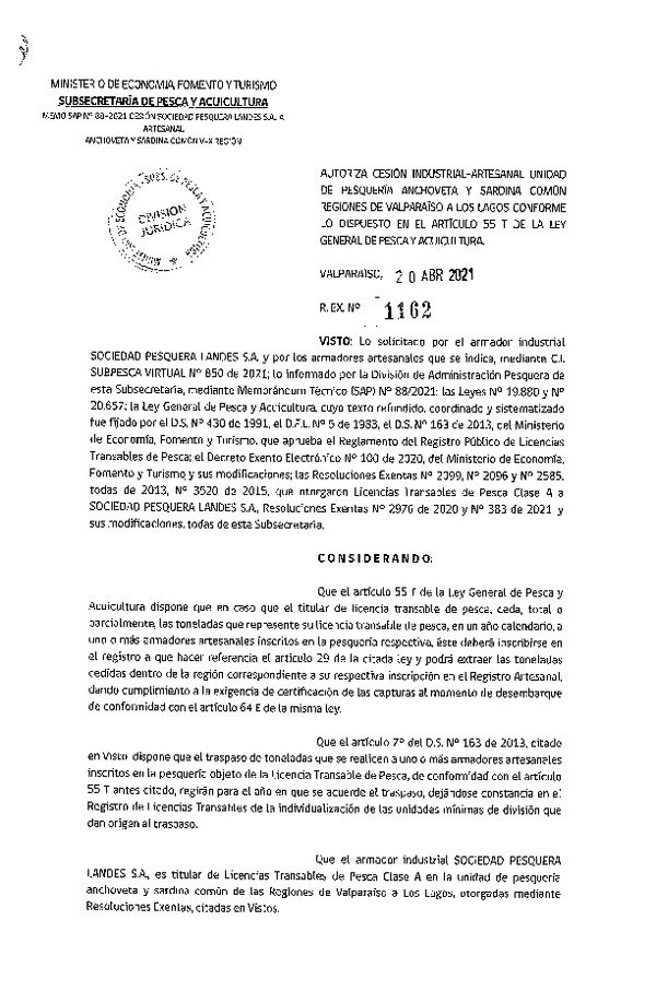 Res. Ex. N° 1162-2021 Autoriza Cesión Anchoveta y Sardina común, Regiones de Valparaíso a Los Lagos. (Publicado en Página Web 21-04-2021)