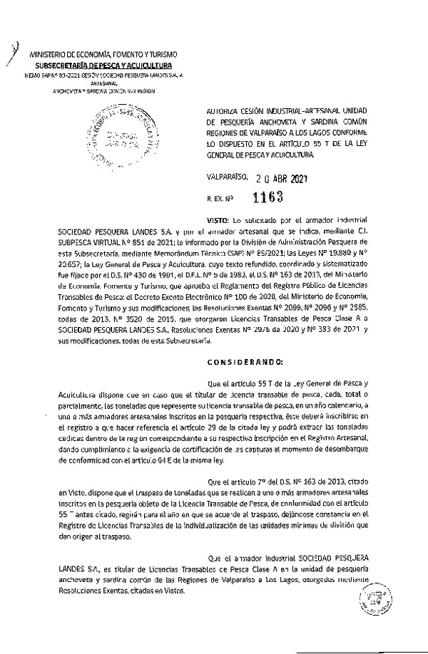 Res. Ex. N° 1163-2021 Autoriza Cesión Anchoveta y Sardina común, Regiones de Valparaíso a Los Lagos. (Publicado en Página Web 21-04-2021)