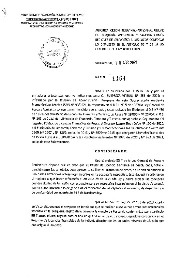 Res. Ex. N° 1164-2021 Autoriza Cesión Anchoveta y Sardina común, Regiones de Valparaíso a Los Lagos. (Publicado en Página Web 21-04-2021)