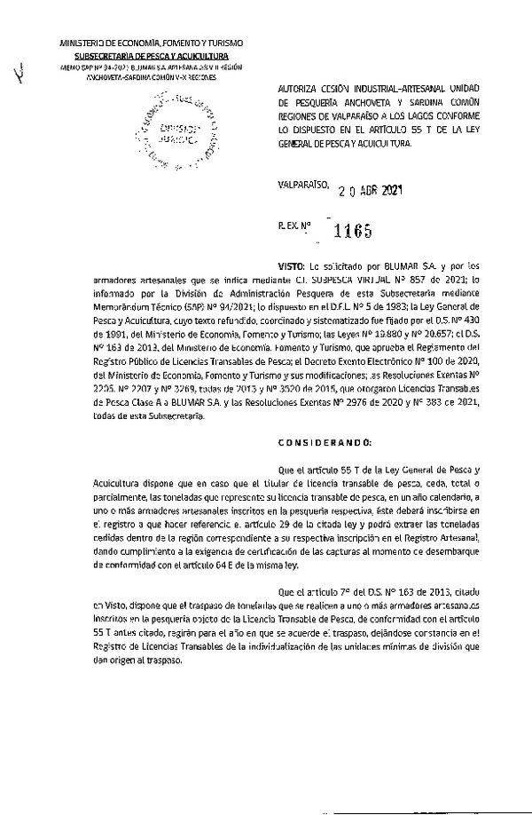 Res. Ex. N° 1165-2021 Autoriza Cesión Anchoveta y Sardina común, Regiones de Valparaíso a Los Lagos. (Publicado en Página Web 21-04-2021)