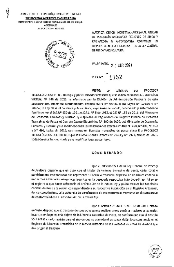 Res. Ex. N° 1152-2021 Autoriza Cesión Anchoveta, Regiones Arica y Parinacota a Antofagasta. (Publicado en Página Web 21-04-2021)
