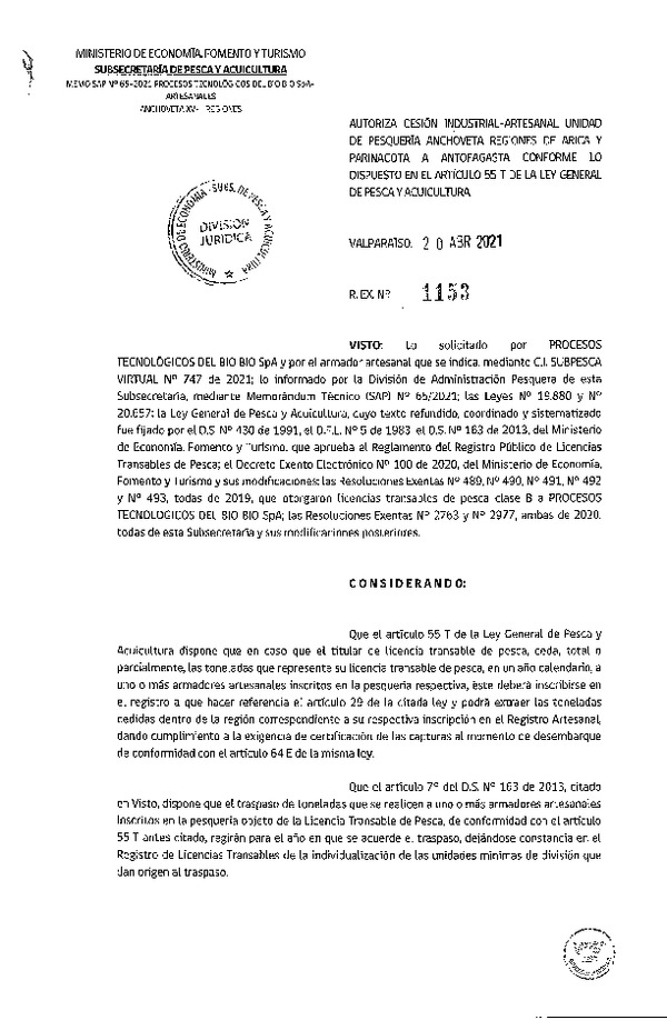Res. Ex. N° 1153-2021 Autoriza Cesión Anchoveta, Regiones Arica y Parinacota a Antofagasta. (Publicado en Página Web 21-04-2021)
