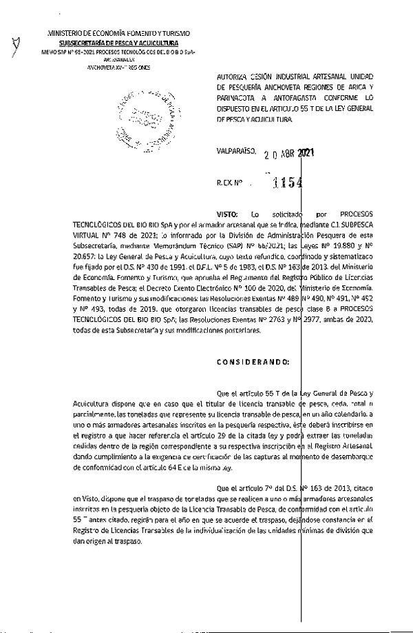 Res. Ex. N° 1154-2021 Autoriza Cesión Anchoveta, Regiones Arica y Parinacota a Antofagasta. (Publicado en Página Web 21-04-2021)